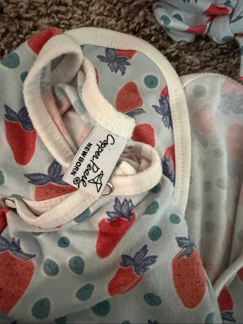 Copper Pearl newborn gown strawberry and blueberry